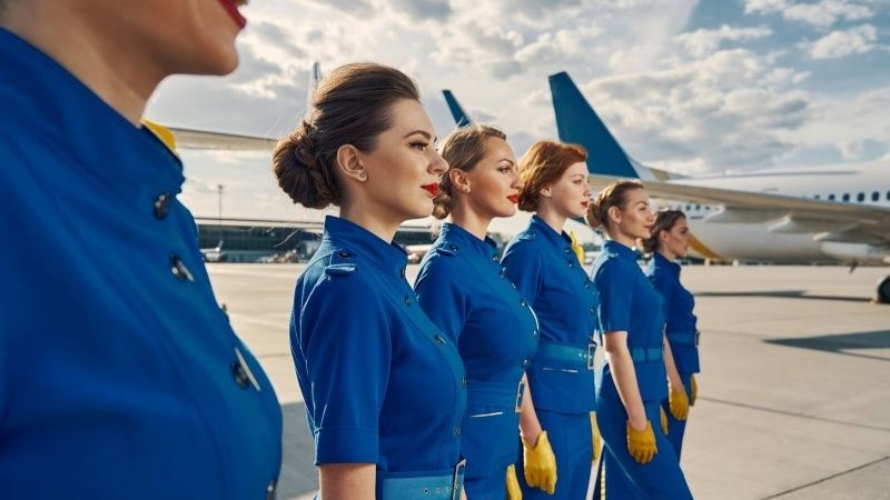 tripulación de cabina de pasajeros delante del avión