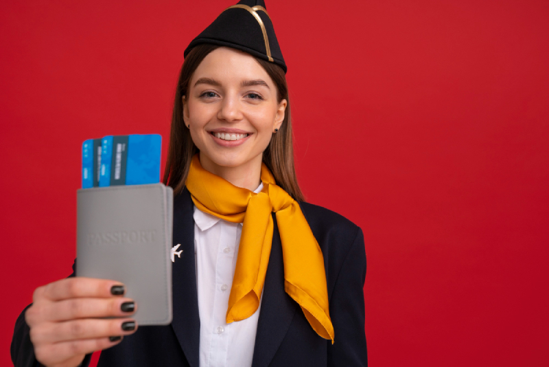 azafata de vuelo con las tarjetas de embarque